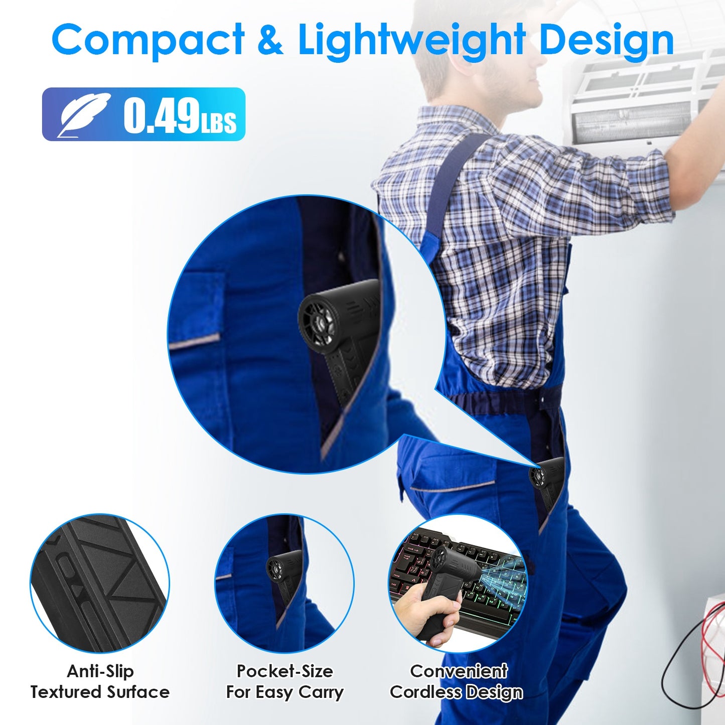 1Pc Compressed Air Duster with LED Light up to 150000RPM Speed for PC Keyboard Cleaning High Speed Rechargeable Cordless Air Blower with 4 Speeds for Home Car Outdoor
